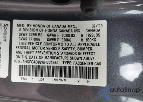 2019 Honda Civic Sport z USA, uszkodzony, nr VIN 2HGFC4B82KH304295